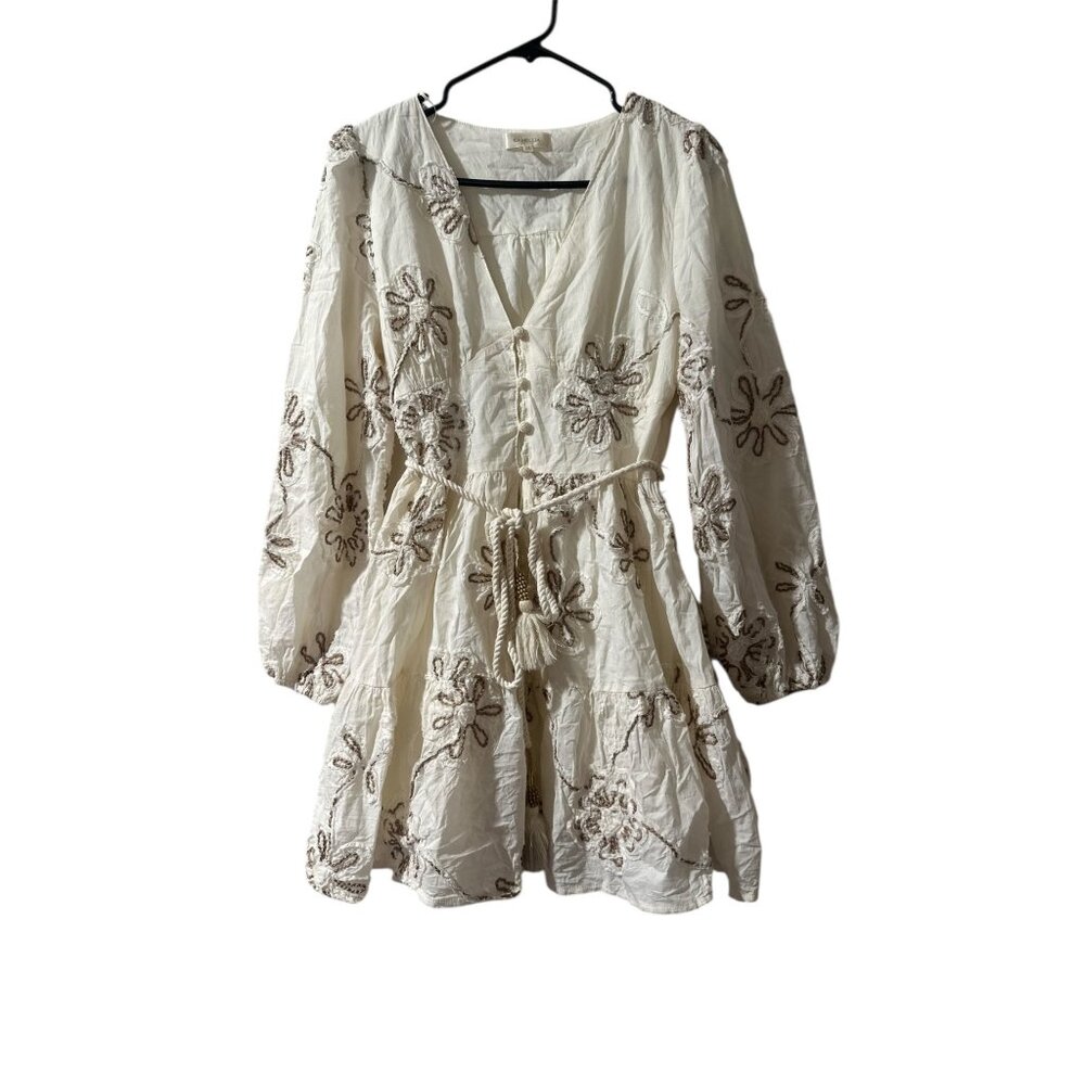 Camellia Embroidered 3D Floral Cottage Mini Dress Women Medium Cream Puff Sleeve - Picture 3 of 16